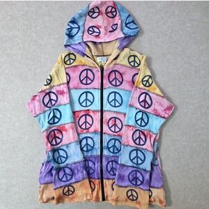 The Collection Royal Patchwork Rainbow Peace Sign Hoodie Sz XL Zip Hippie Boho